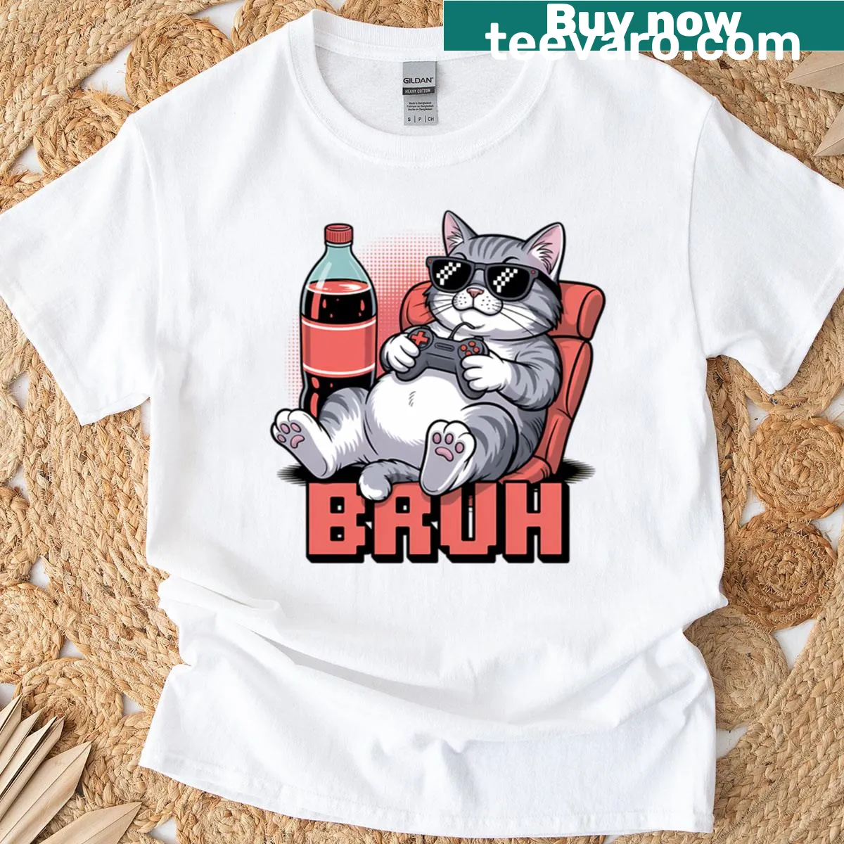 Funny cat graphic with gaming elements on a playful t-shirt. — on a men's t-shirt