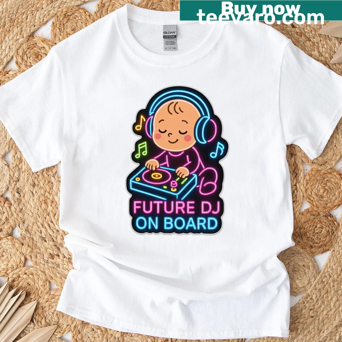 Neon graphic oversized t-shirt with DJ-themed design for kids — on a men's t-shirt