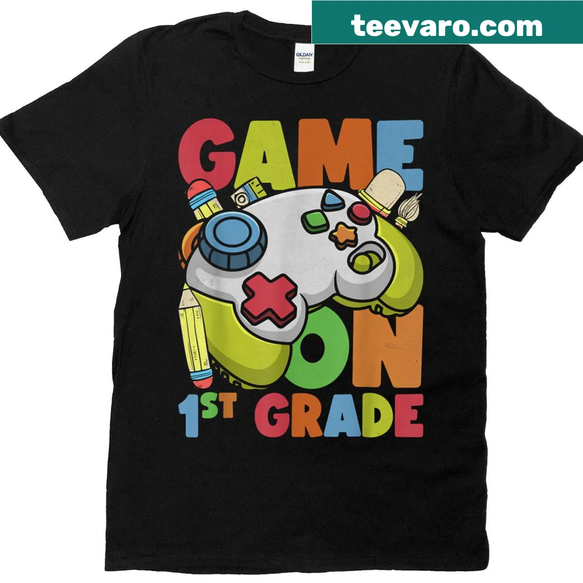 Playful 1st Grade t-shirt with 'Level Unlocked' graphic — on a men's t-shirt