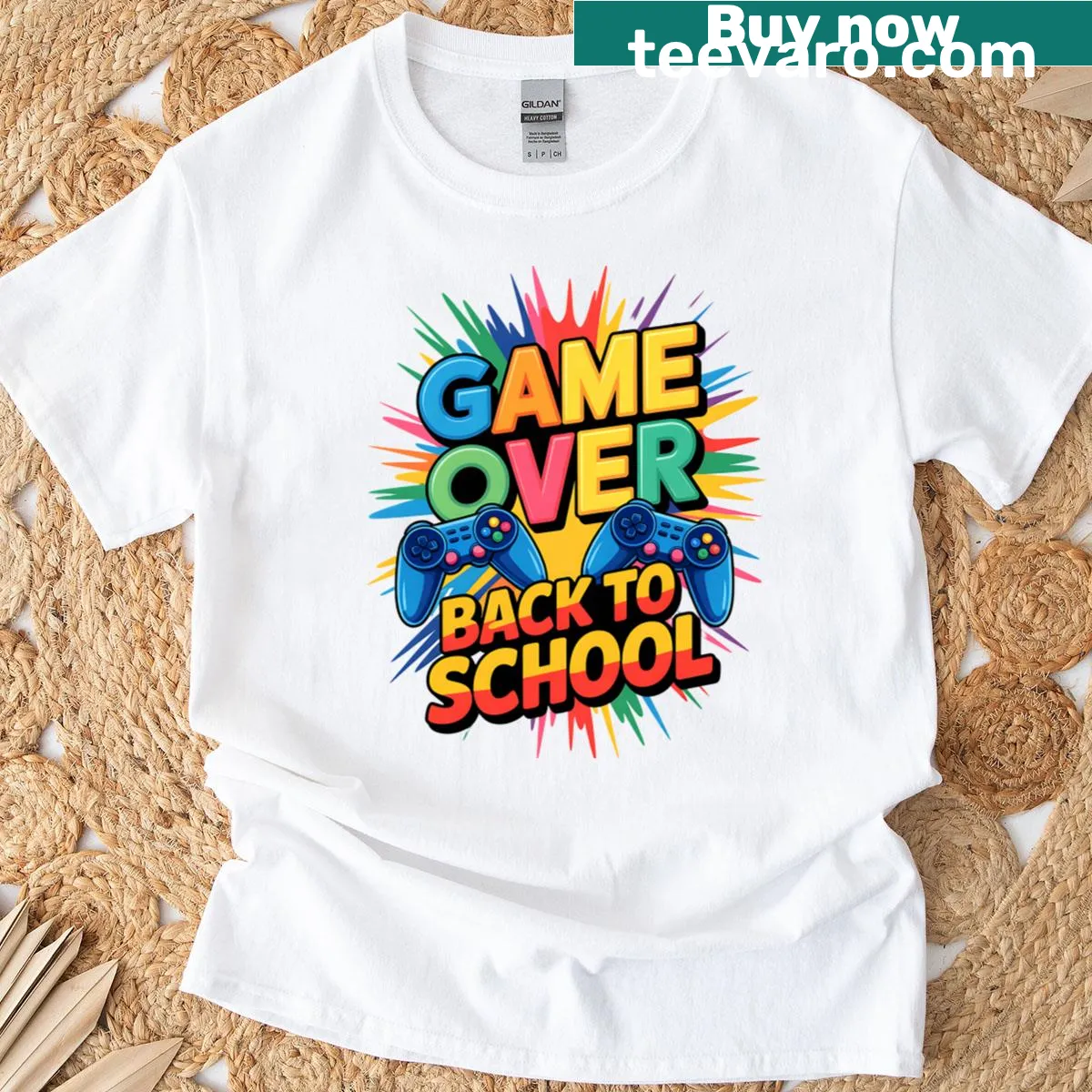 Gaming-themed back-to-school t-shirt with 'Game Over' phrase. — on a men's t-shirt