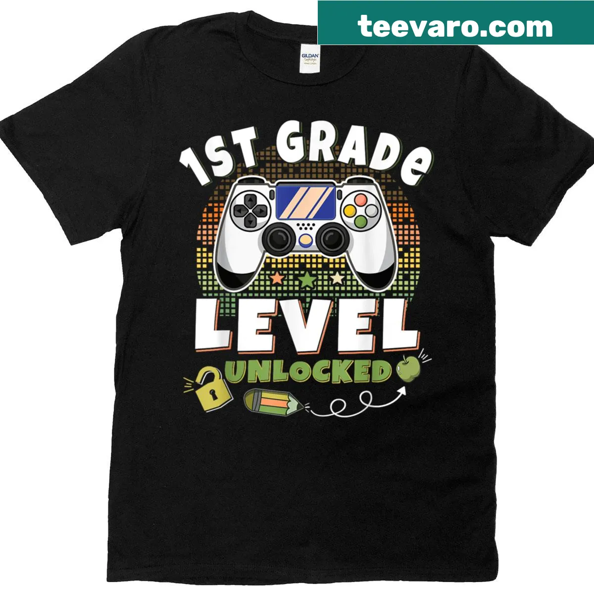First Grade gamer t-shirt with 'Level Unlocked' graphic — on a men's t-shirt