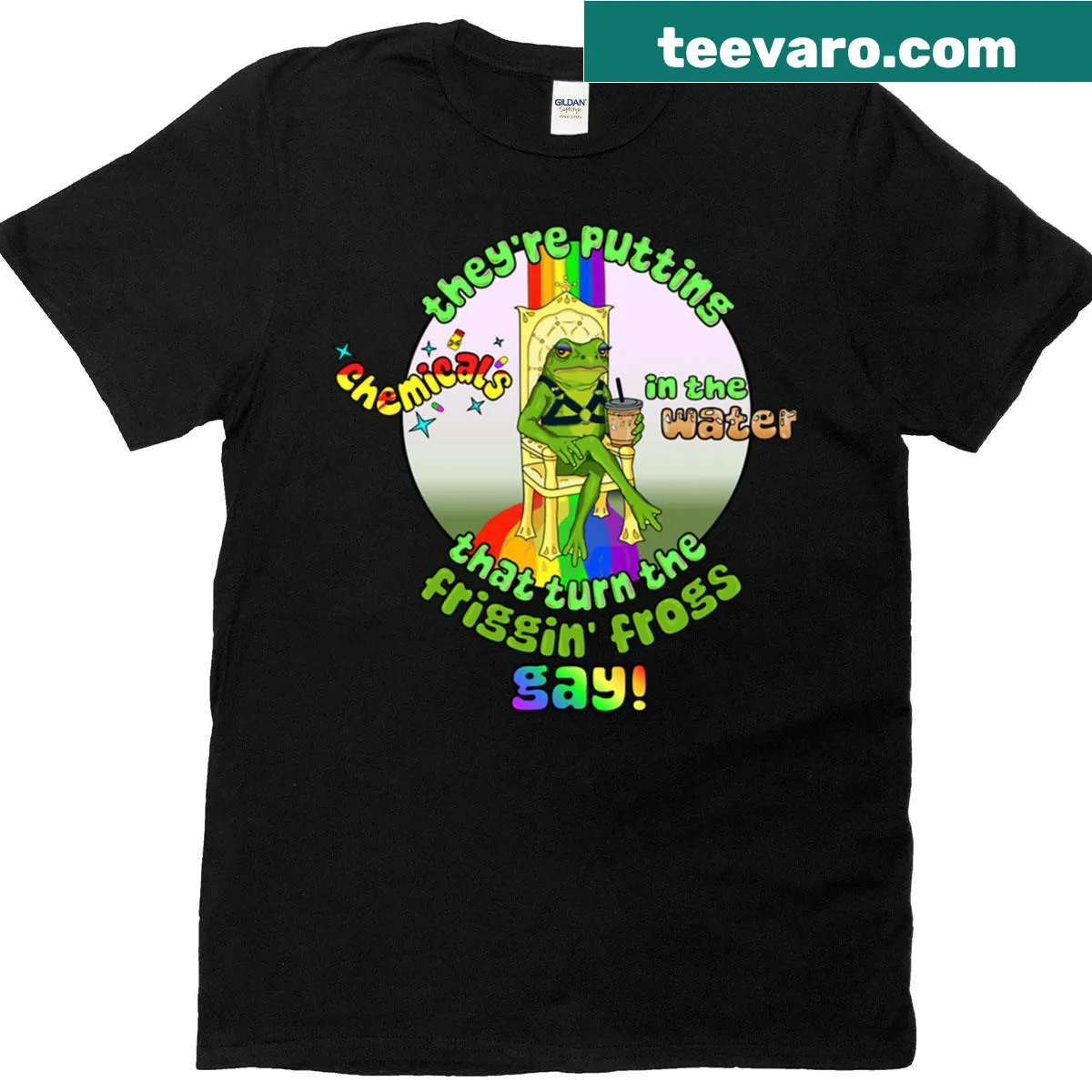 Oversized T-shirt featuring a funny cartoon frog design for a humorous touch. — on a men's t-shirt