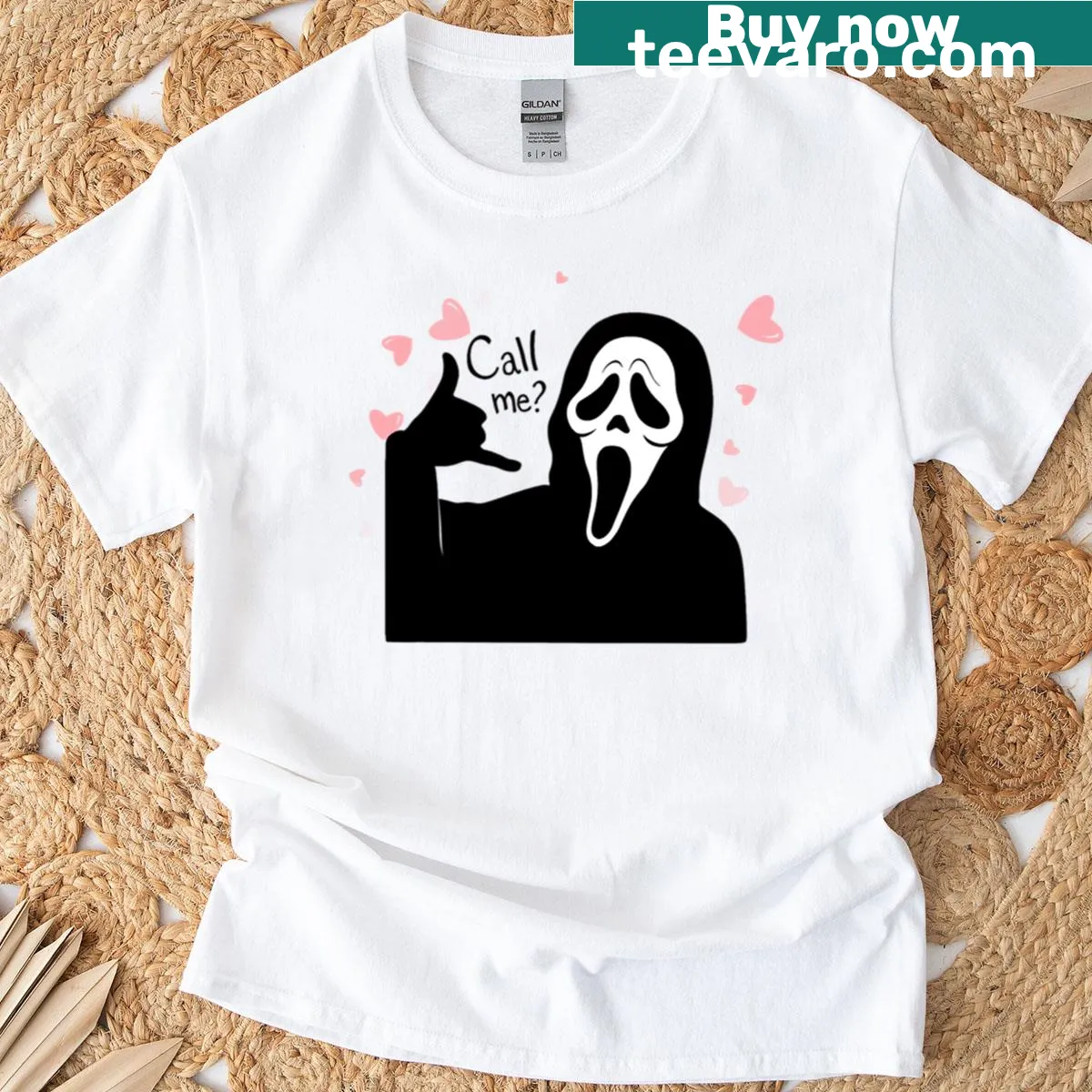 Cute Ghostface graphic with pink hearts T-shirt — on a men's t-shirt