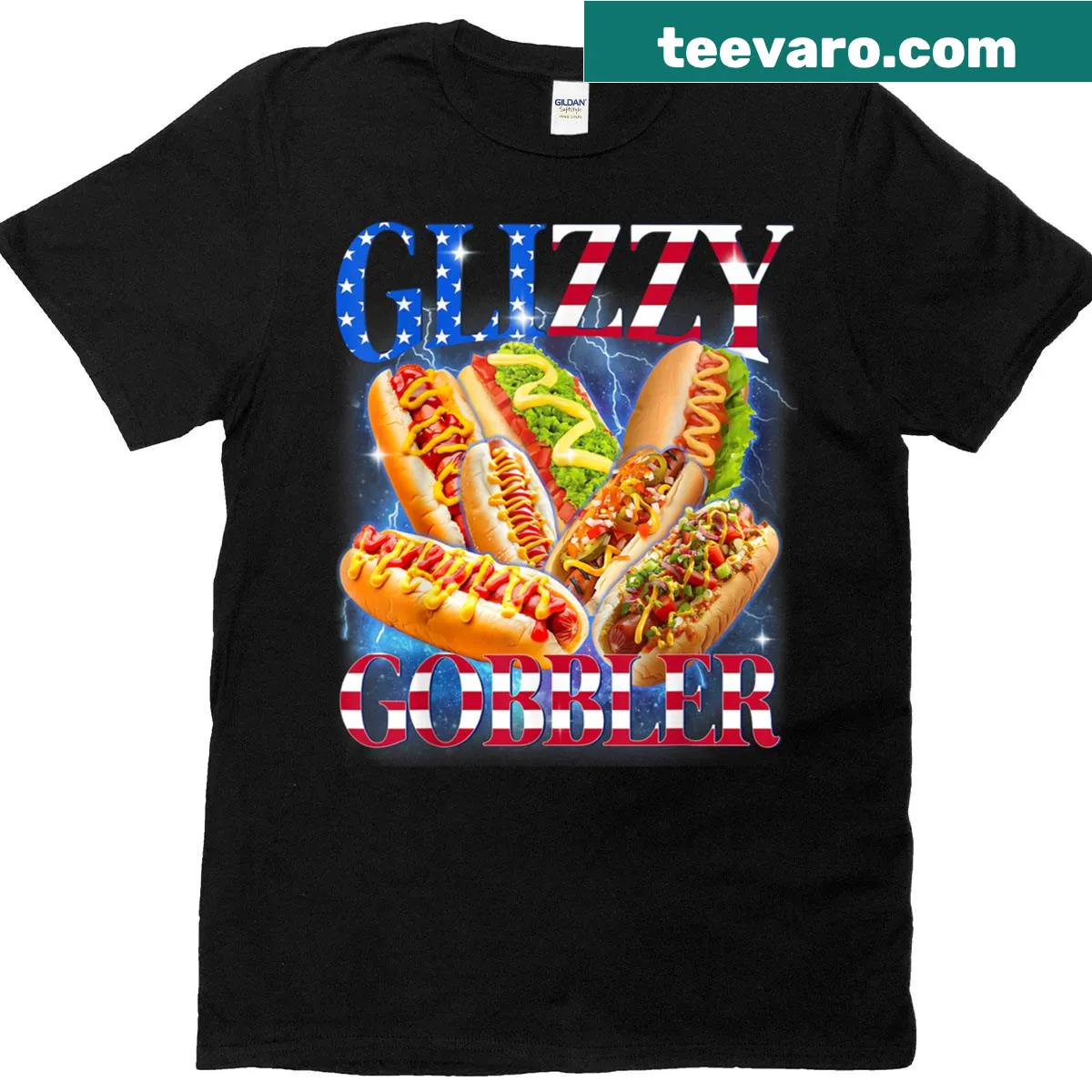 Funny hotdog-themed t-shirt for Fourth of July — on a men's t-shirt