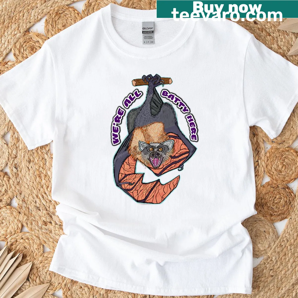 Playful cartoon T-shirt with a batty theme — on a men's t-shirt