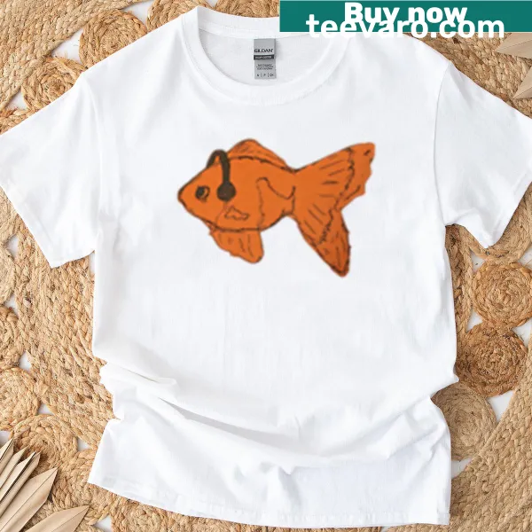 Cartoon goldfish wearing headphones, playful graphic design