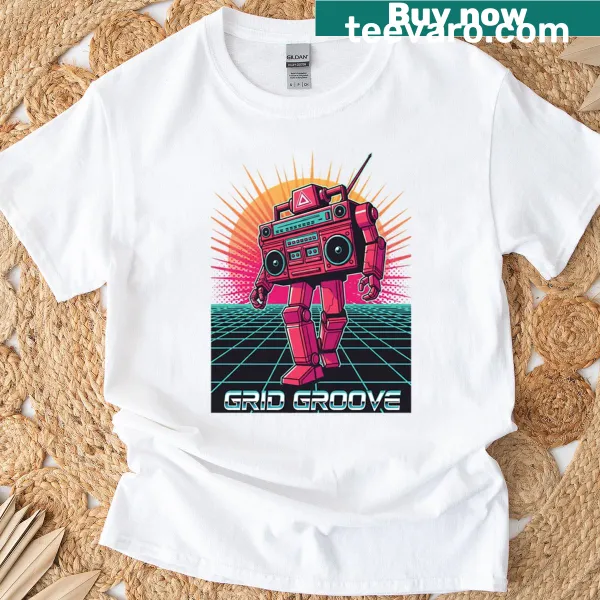 Retro boombox robot T-shirt with synthwave art style.