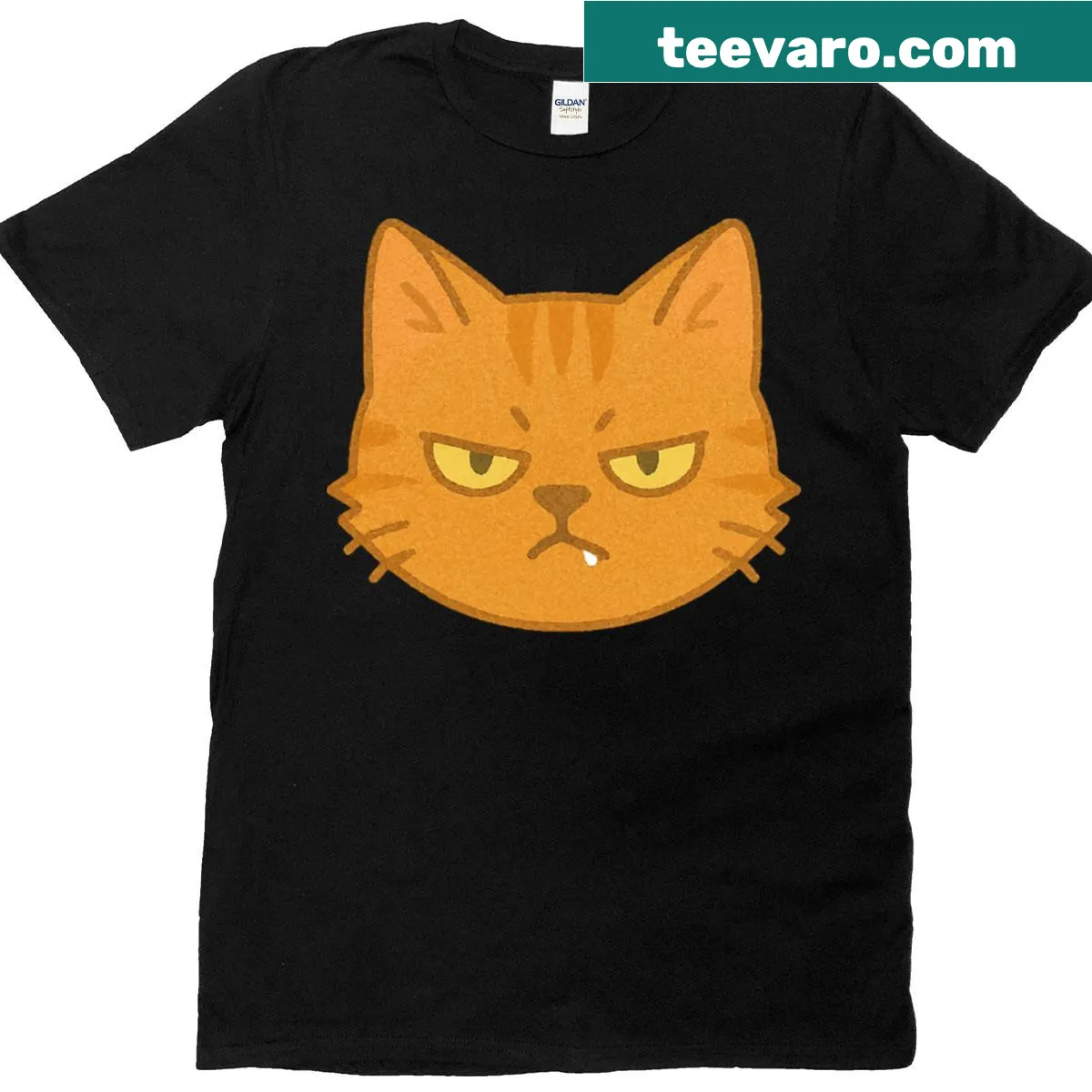 Grumpy orange cat graphic with a humorous warning about soft bite. — on a men's t-shirt