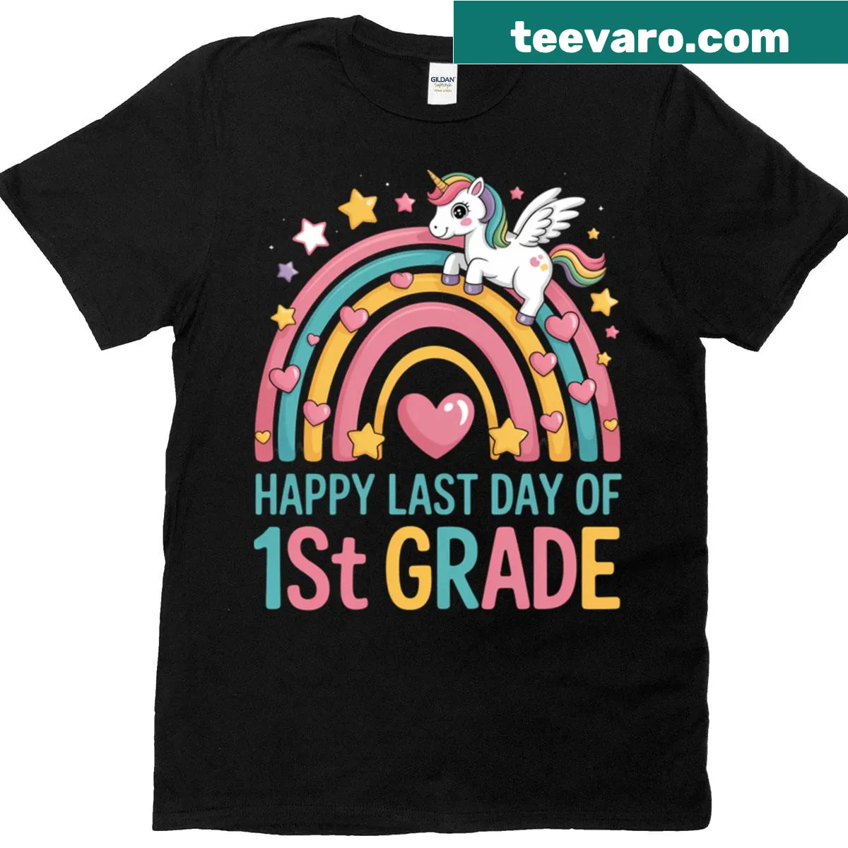 Cheerful unicorn graphic celebrating first day of 1st grade. — on a men's t-shirt