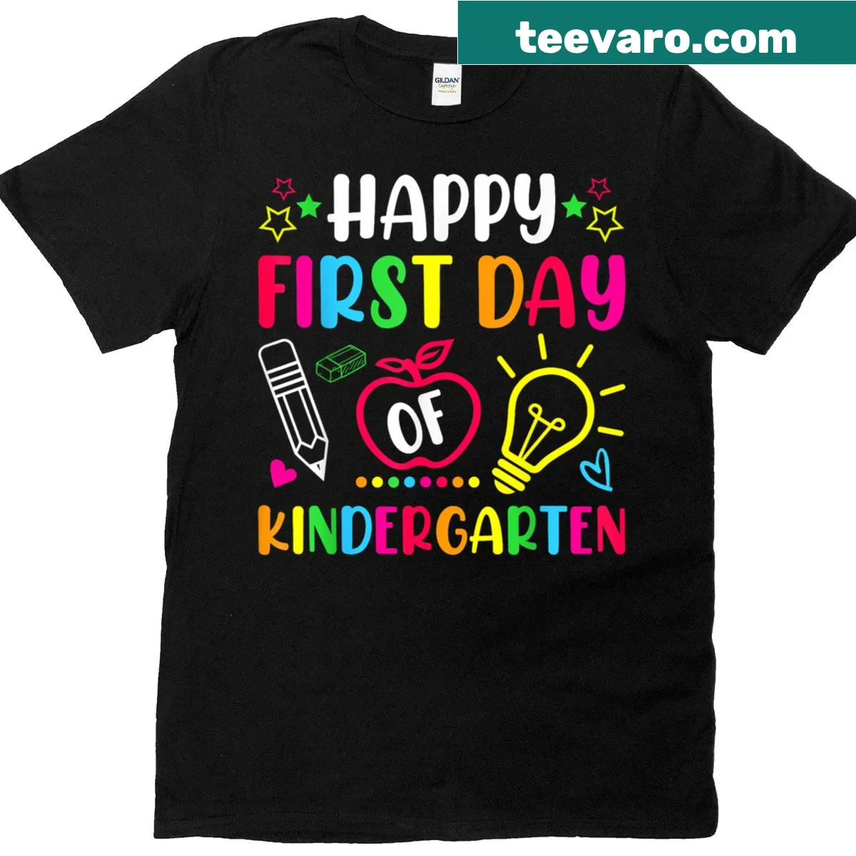 T-shirt for teachers with 'Happy First Day Of Kindergarten' text — on a men's t-shirt