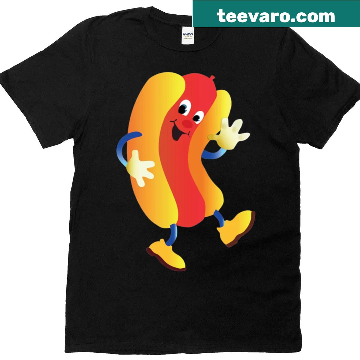 T-shirt with a smiling hot dog graphic — on a men's t-shirt