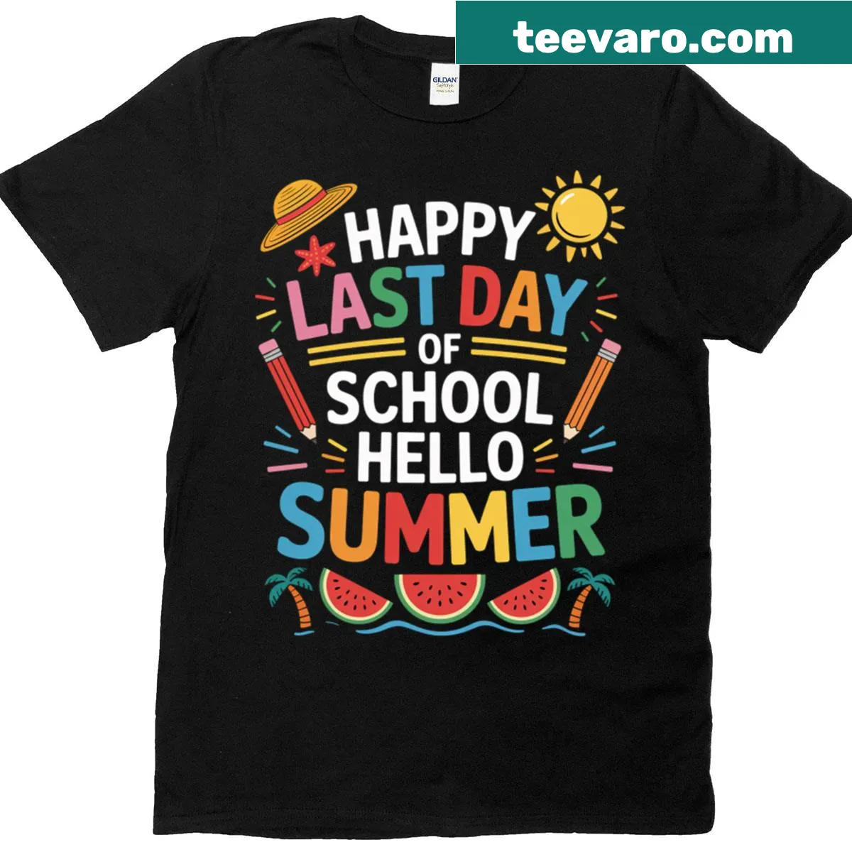 T-shirt with a playful message celebrating the last day of school and summer vacation — on a men's t-shirt