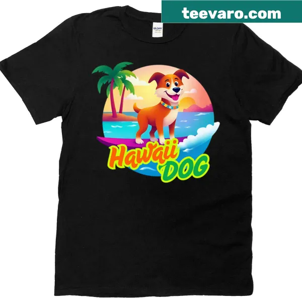 Illustrative dog graphic on a T-shirt depicting a happy dog at the beach