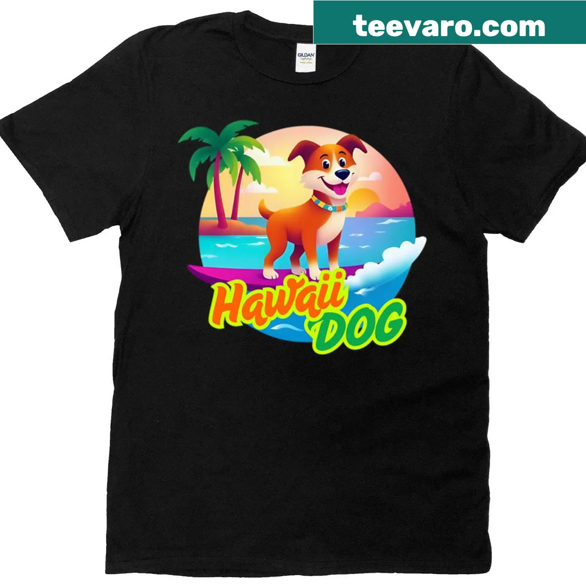 Illustrative dog graphic on a T-shirt depicting a happy dog at the beach — on a men's t-shirt