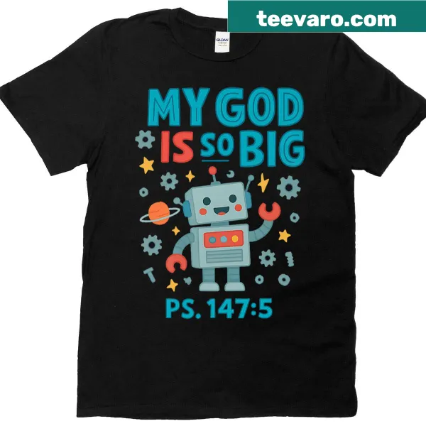Kids T-shirt with a playful robot graphic and 'He Is So Big' text