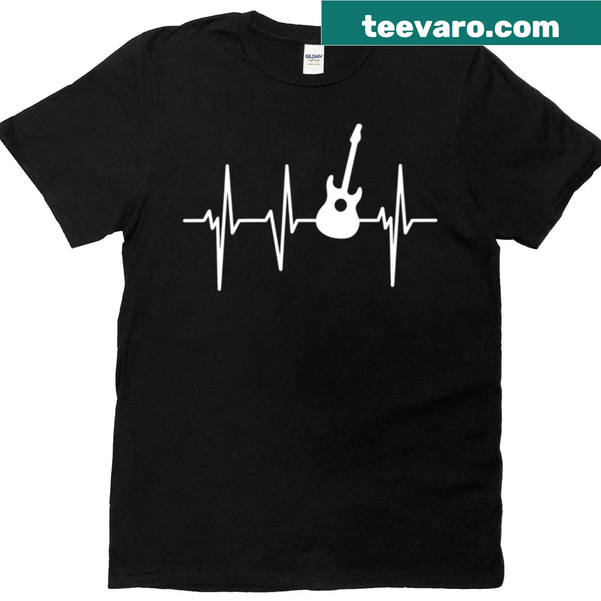 T-shirt featuring a guitar and heartbeat line design for music lovers — on a men's t-shirt