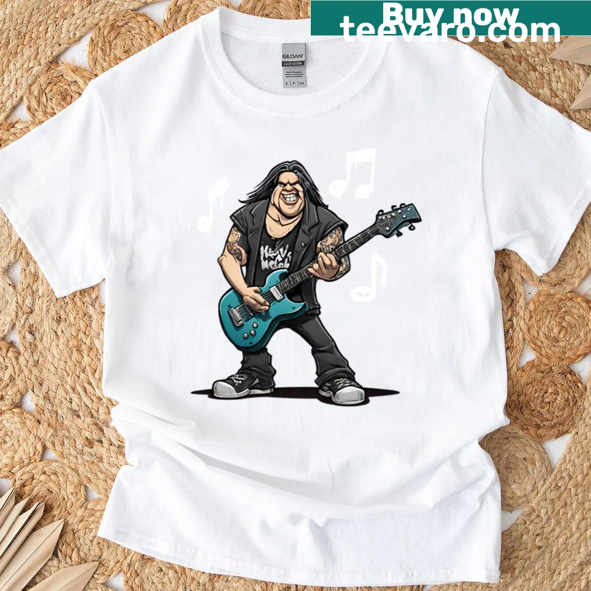 Illustration of an electric guitar with flames, Heavy Metal Hero T-shirt — on a men's t-shirt