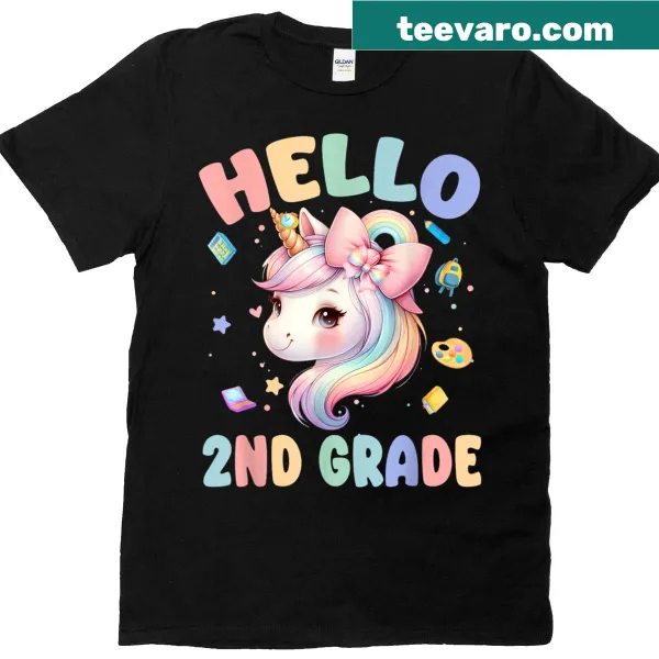 Teacher T-shirt with a unicorn graphic and 'Hello 2nd Grade' text