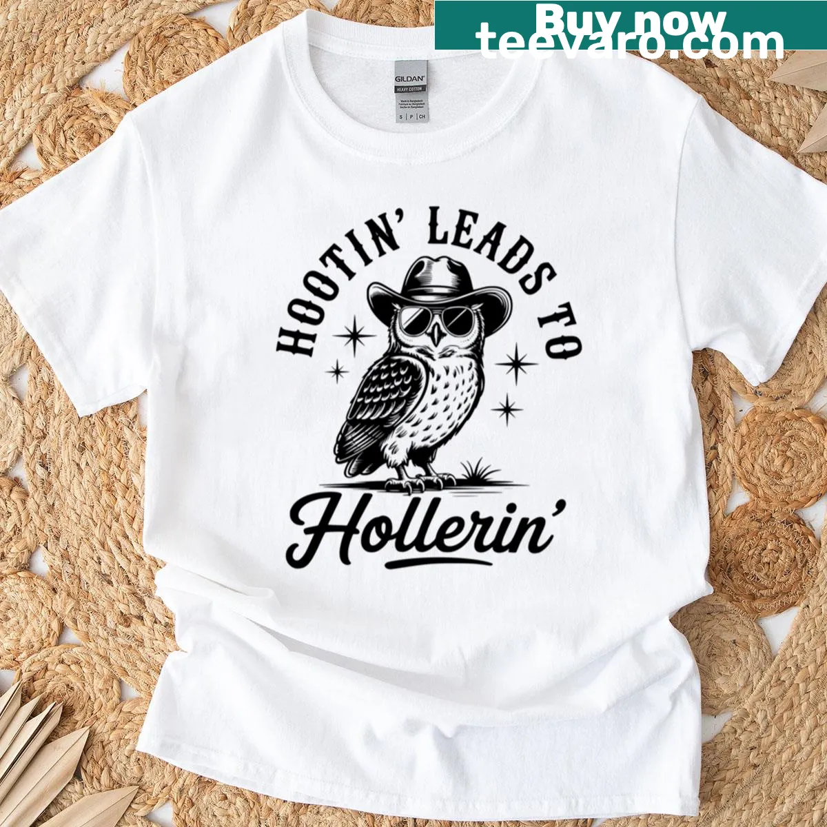 Playful text 'Hootin Leads To Hollerin' on a T-shirt — on a men's t-shirt