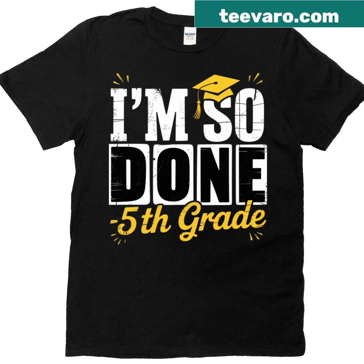 Graduation t-shirt with humorous text celebrating finishing 5th grade — on a men's t-shirt