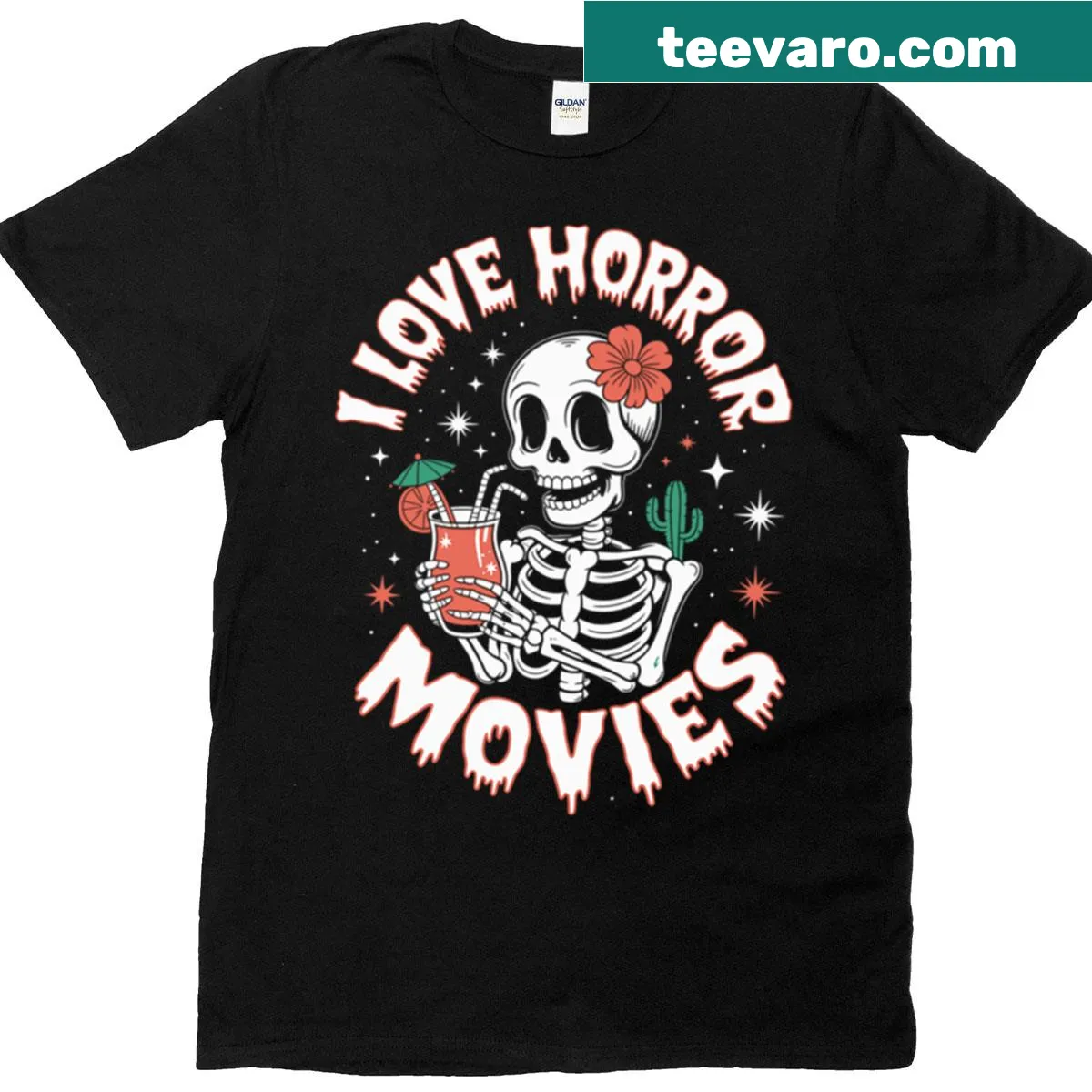 T-shirt declaring 'I Love Horror Movies' with horror-themed illustrations. — on a men's t-shirt
