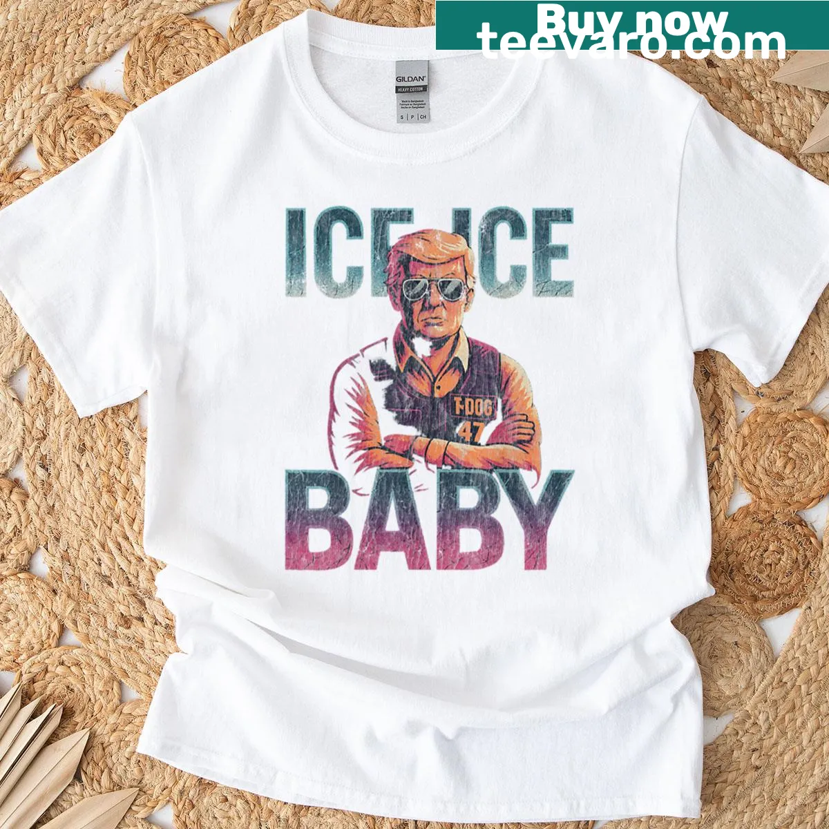 Funny retro Trump t-shirt featuring 'Ice Ice Baby' phrase — on a men's t-shirt