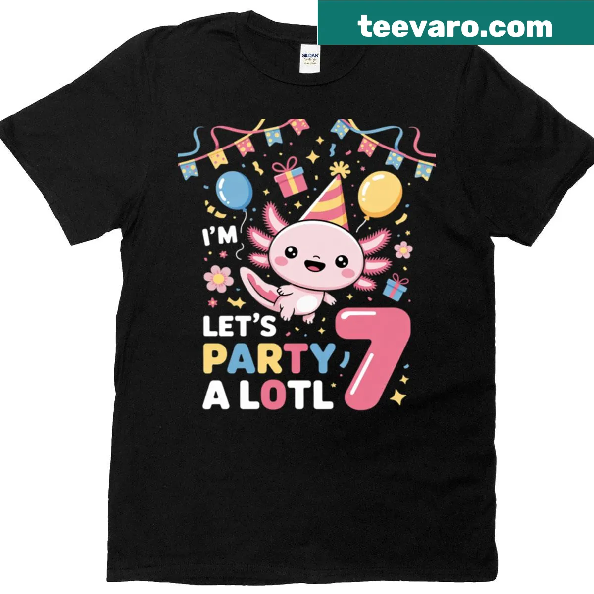Cute T-shirt for 7th birthday featuring axolotls and anime girls. — on a men's t-shirt
