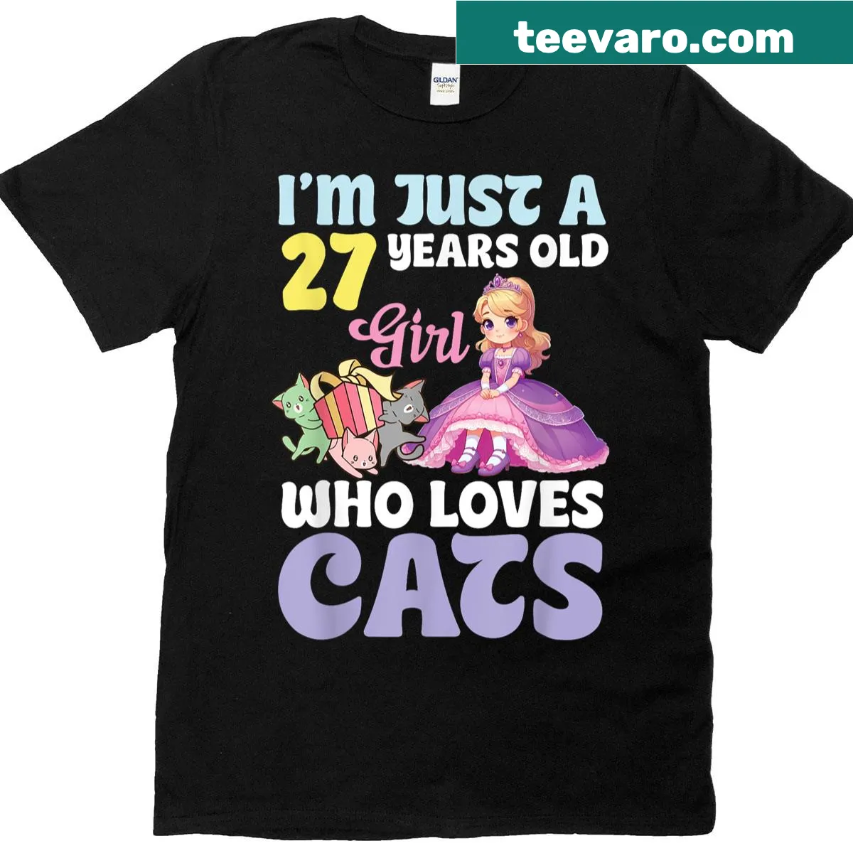 Birthday t-shirt stating 'I'm Just A 27 Years Old Girl Who Loves Cats' with a cat-themed design — on a men's t-shirt