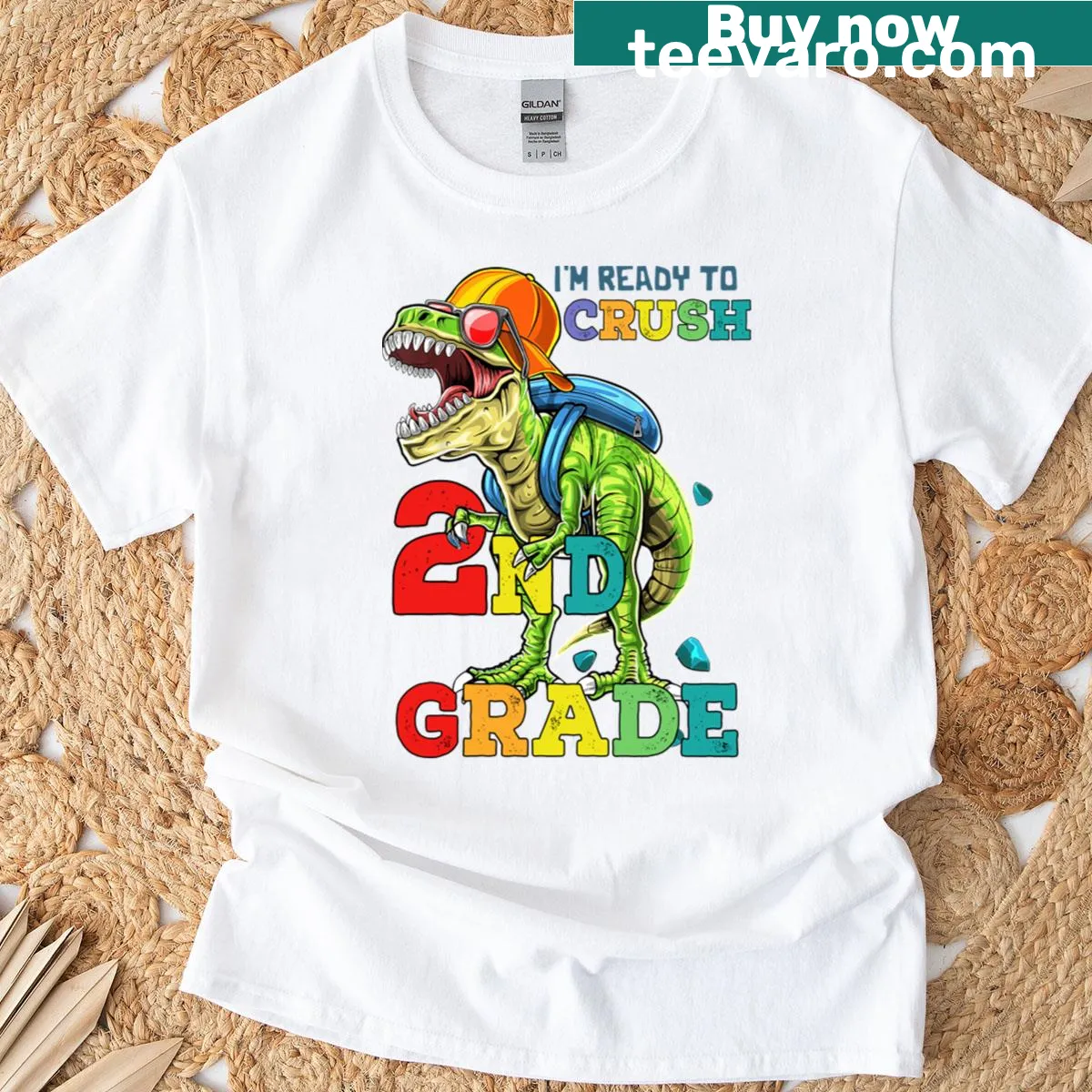 T-shirt with dinosaur graphic and text about crushing 2nd grade — on a men's t-shirt