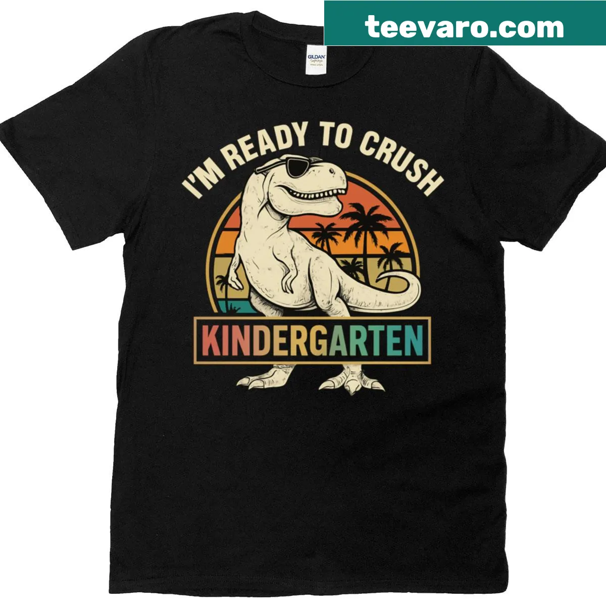 Dinosaur t-shirt with 'I'm Ready To Crush Kindergarten' text — on a men's t-shirt