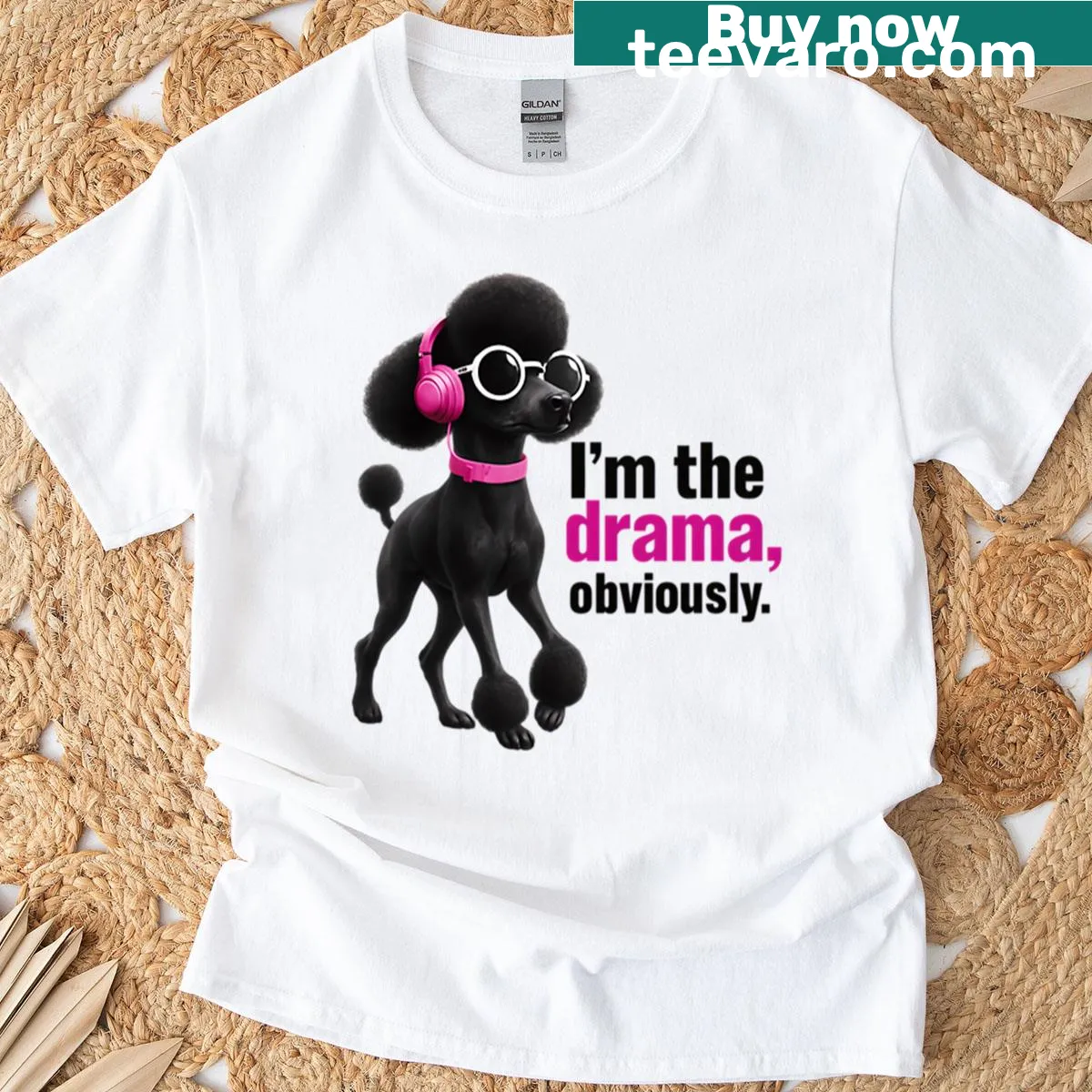 Sassy poodle graphic with 'I'm The Drama' text on T-shirt. — on a men's t-shirt