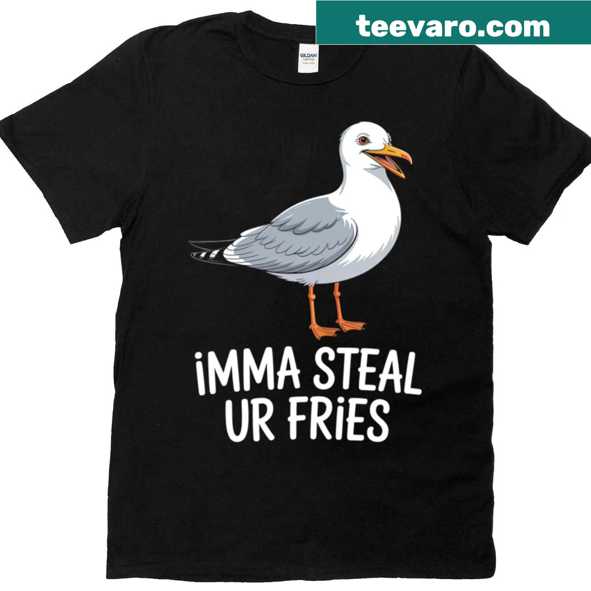 Funny seagull meme shirt about stealing fries — on a men's t-shirt
