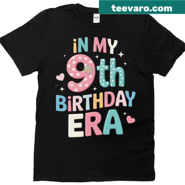 Kids' t-shirt for a girl turning nine with fun text