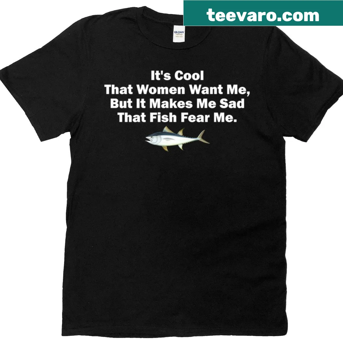 Oversized T-shirt with humorous text about fish wanting the wearer — on a men's t-shirt