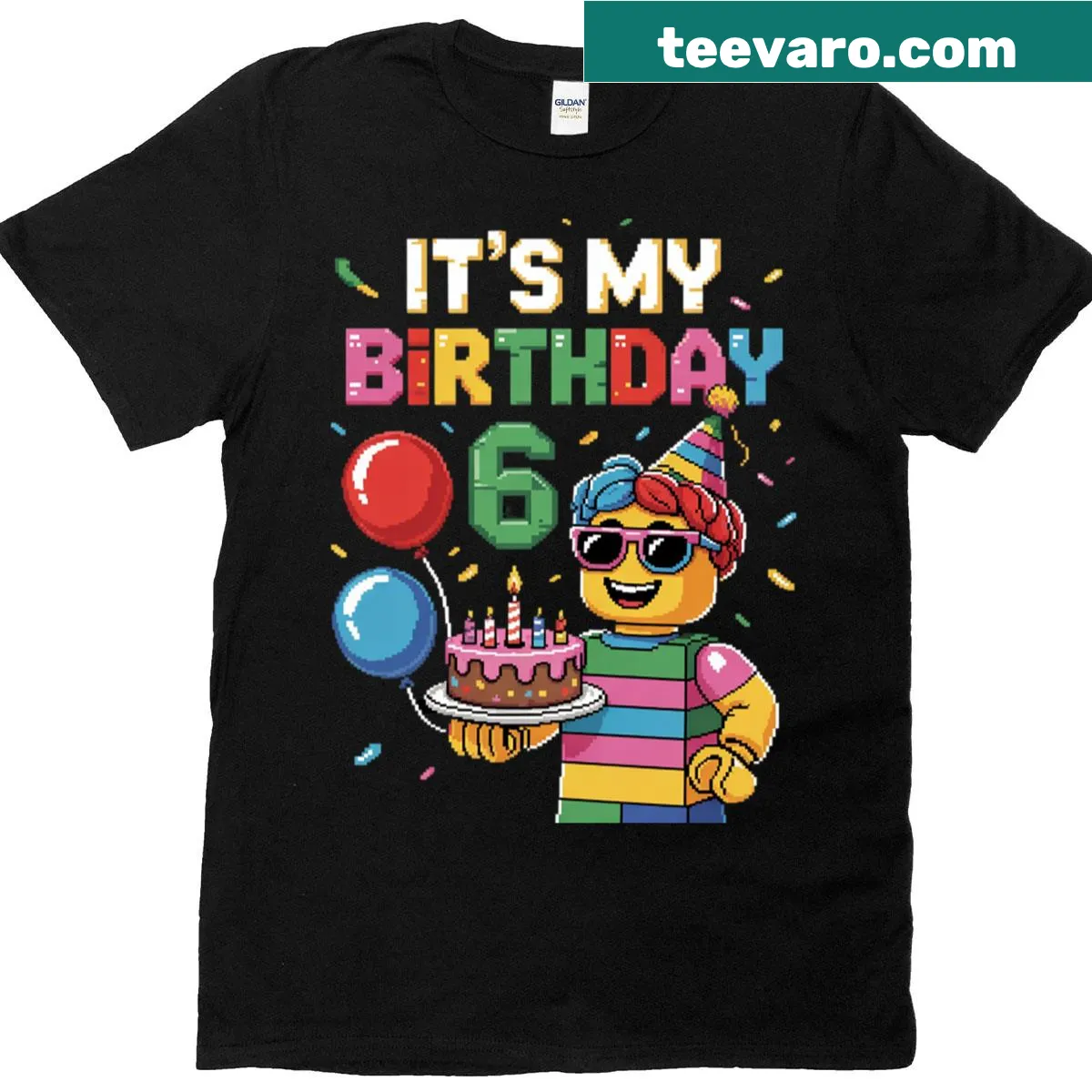 Birthday T-shirt for boys turning 6 featuring building brick theme. — on a men's t-shirt