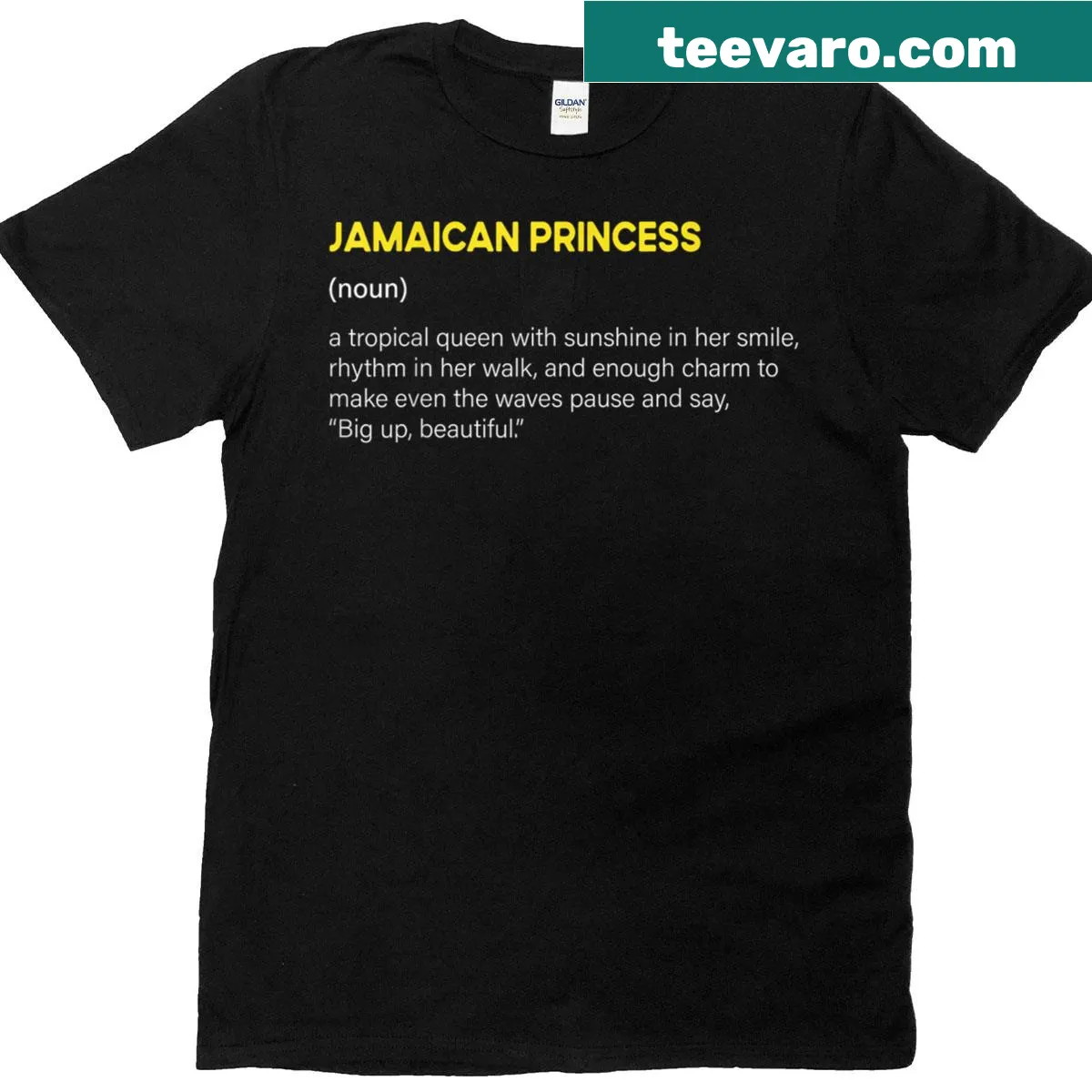 Jamaican Princess T-shirt with afro girl illustration and definition text. — on a men's t-shirt