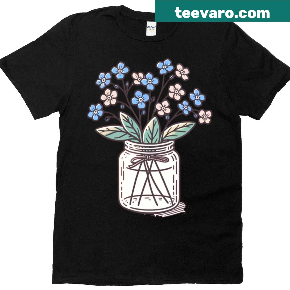 Shirt with jar flowers and forget-me-not design — on a men's t-shirt