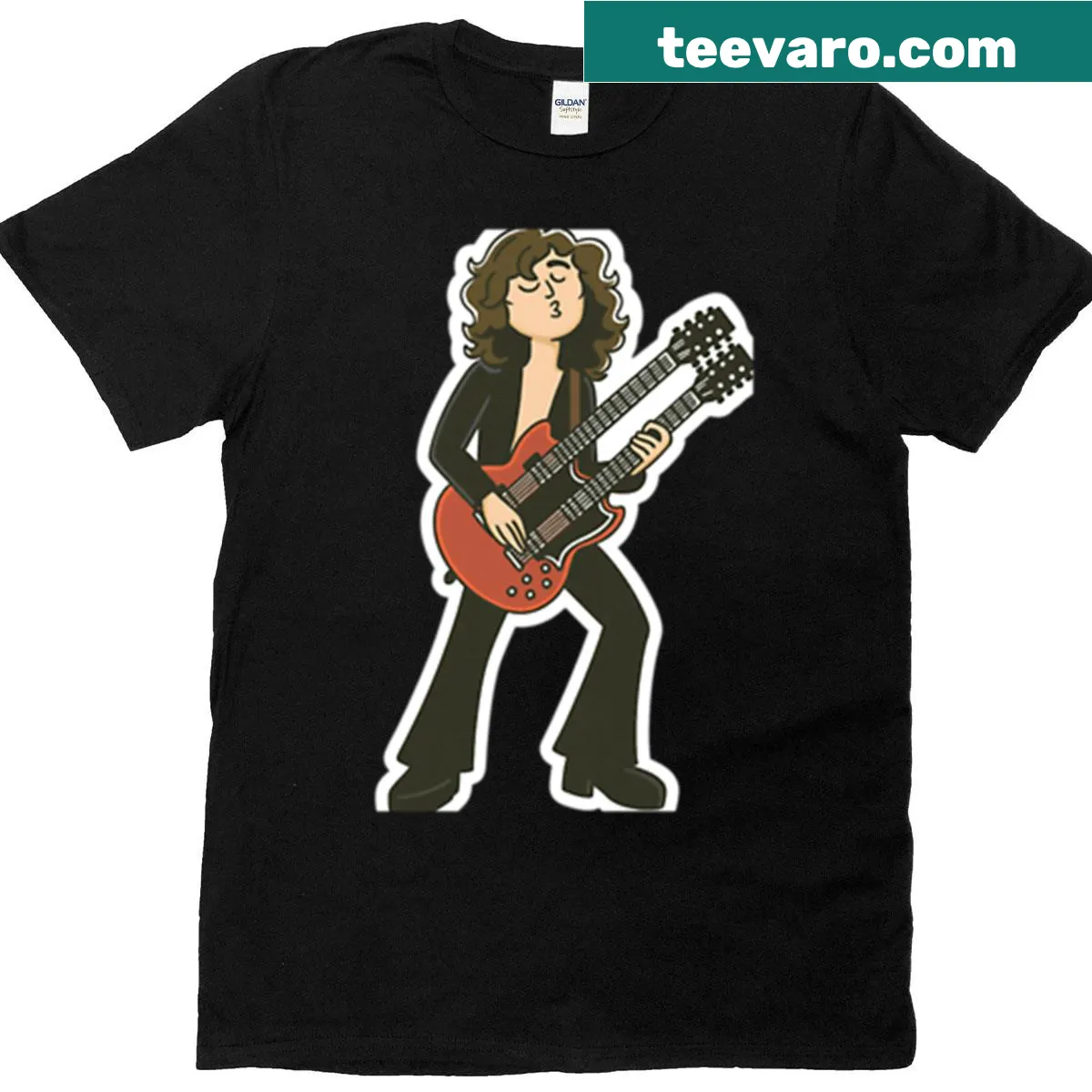 T-shirt featuring an illustration in tribute to guitarist Jimmy Page. — on a men's t-shirt