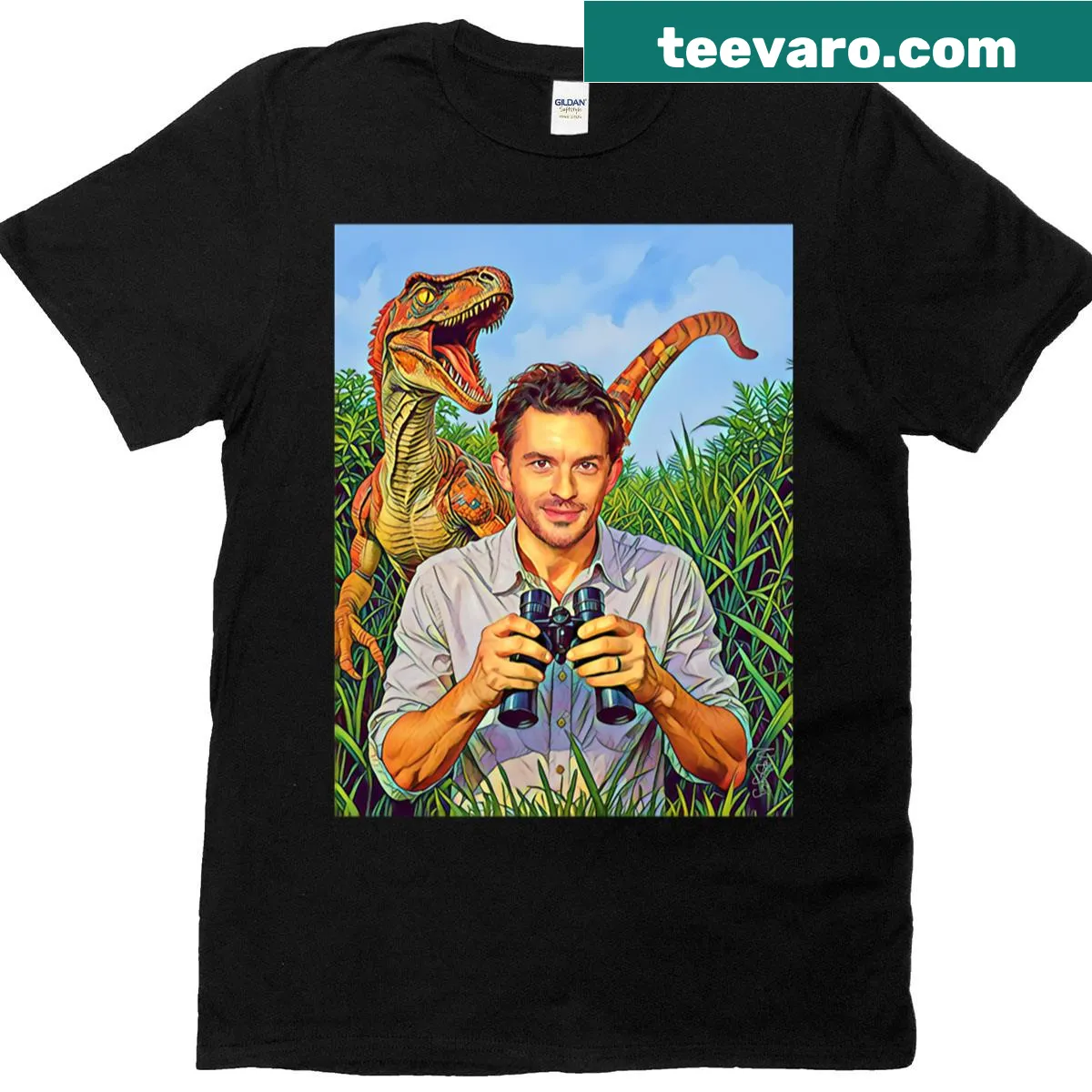 Oversized shirt with cartoon dinosaurs in a jungle — on a men's t-shirt