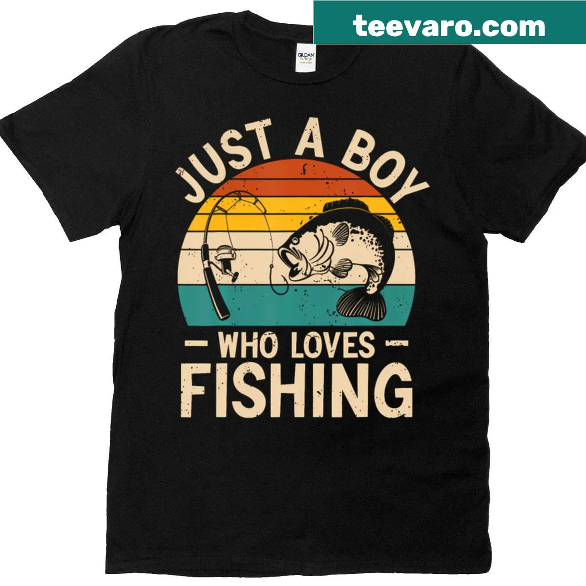 T-shirt with the phrase 'Just A Boy Who Loves Fishing' in friendly font — on a men's t-shirt