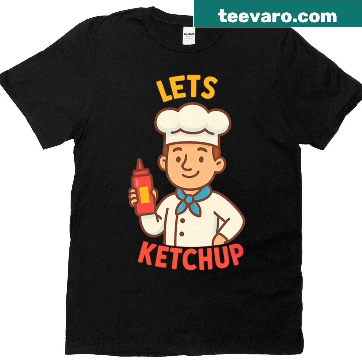 Playful t-shirt with the phrase 'Let's Ketchup' in a fun design. — on a men's t-shirt