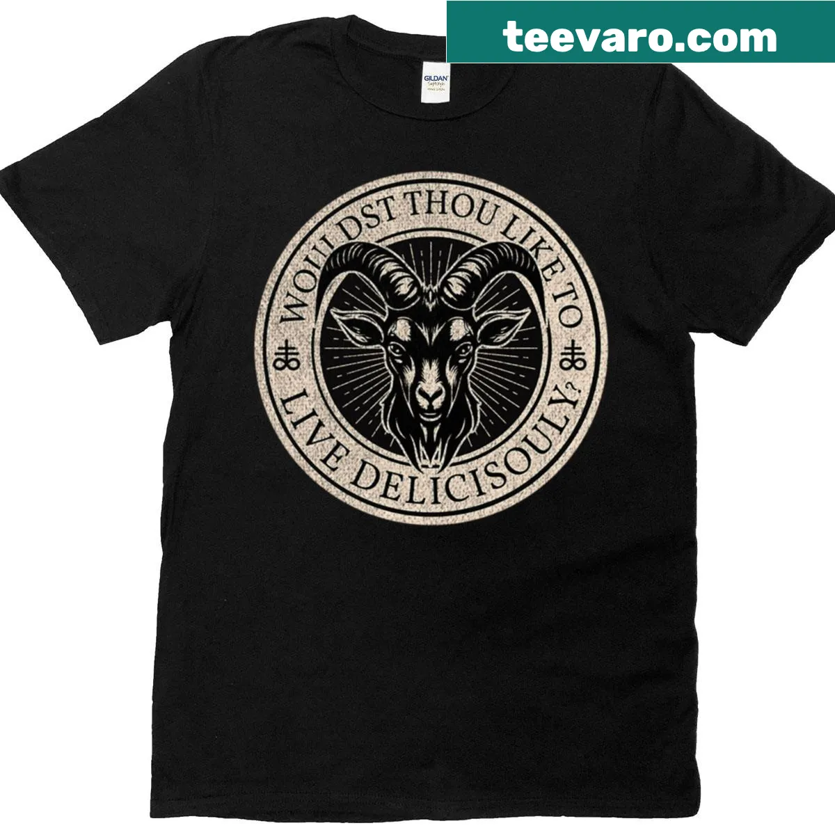 Vintage-style oversized horror movie t-shirt with Leviathan and goat design — on a men's t-shirt
