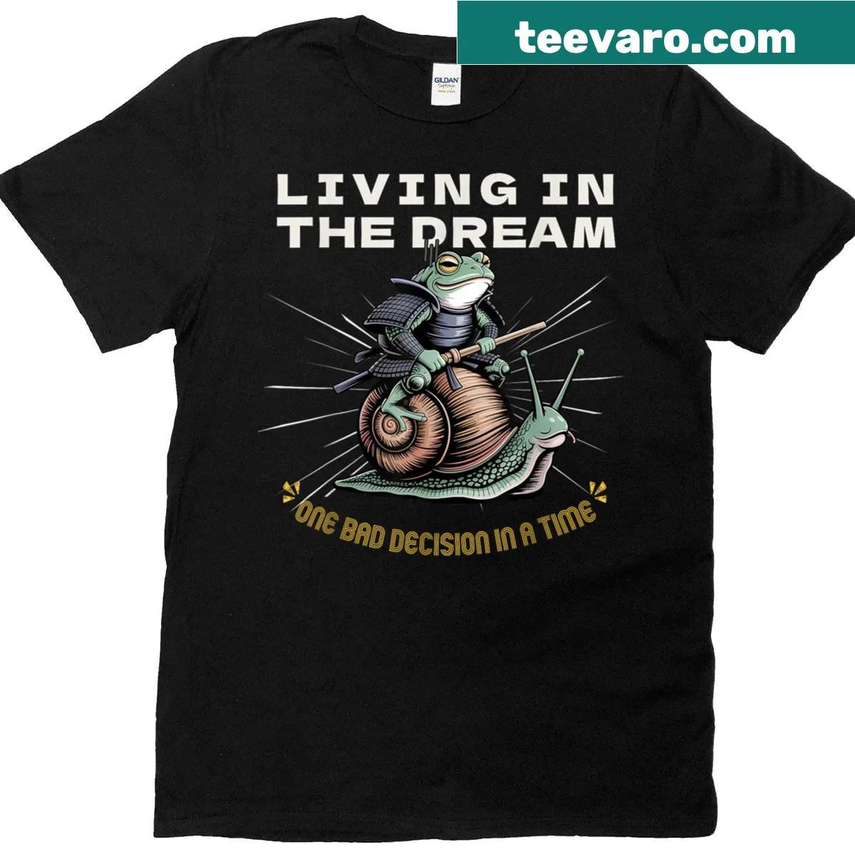 Funny cartoon frog t-shirt with the text Living The Dream To Make A Bad Decision — on a men's t-shirt