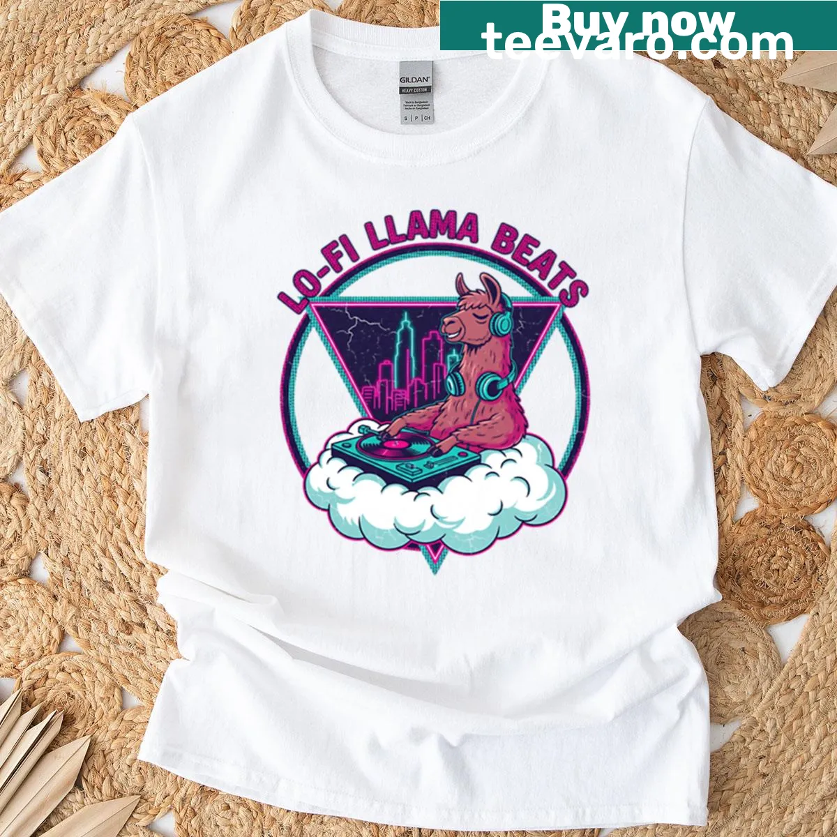 Lo-fi llama DJ graphic t-shirt inspired by synthwave and chillcore — on a men's t-shirt