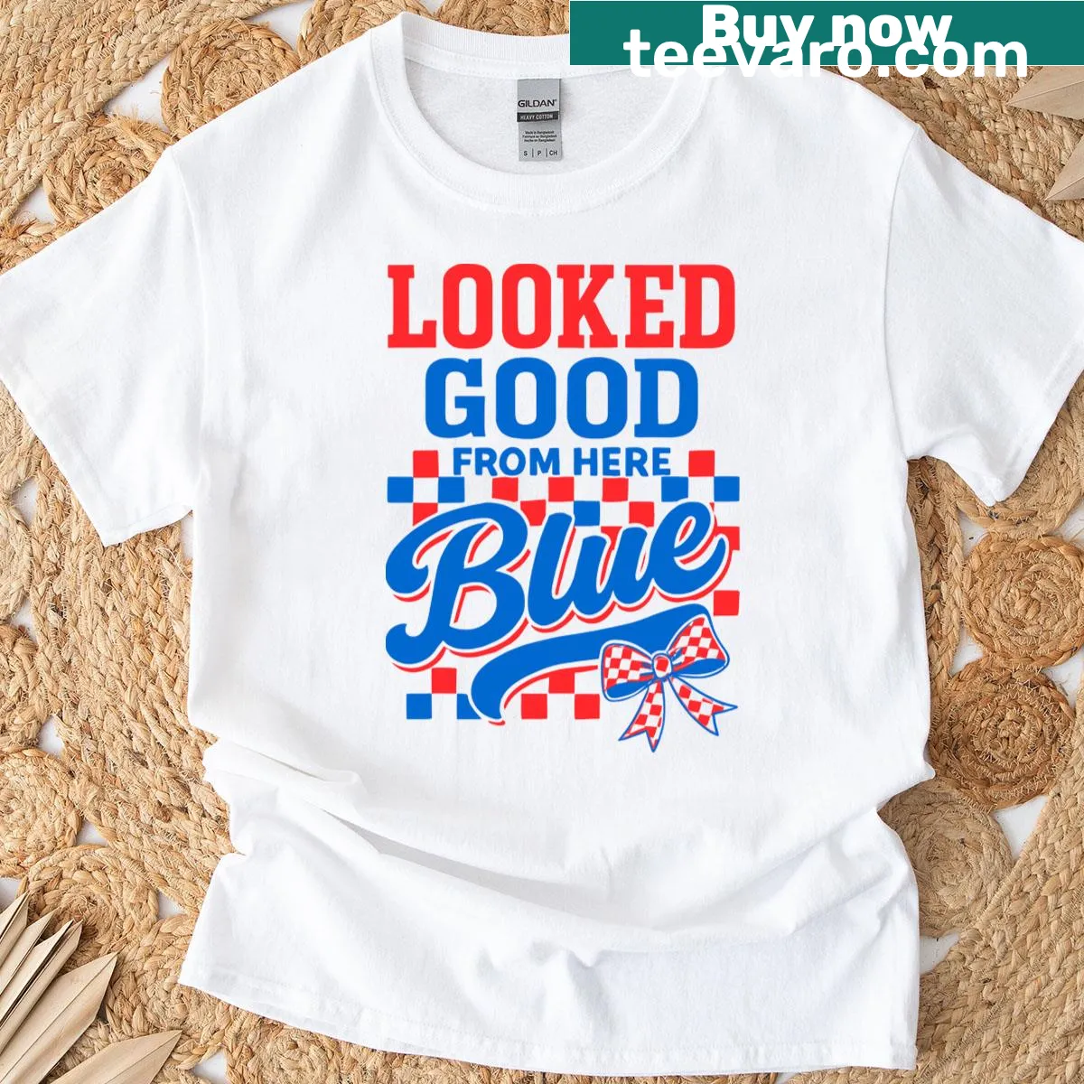 T-shirt with the phrase 'Looked Good From Here' in playful typography — on a men's t-shirt