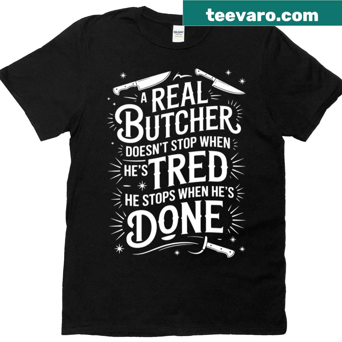 Bold graphic T-shirt with butcher saying and typography — on a men's t-shirt