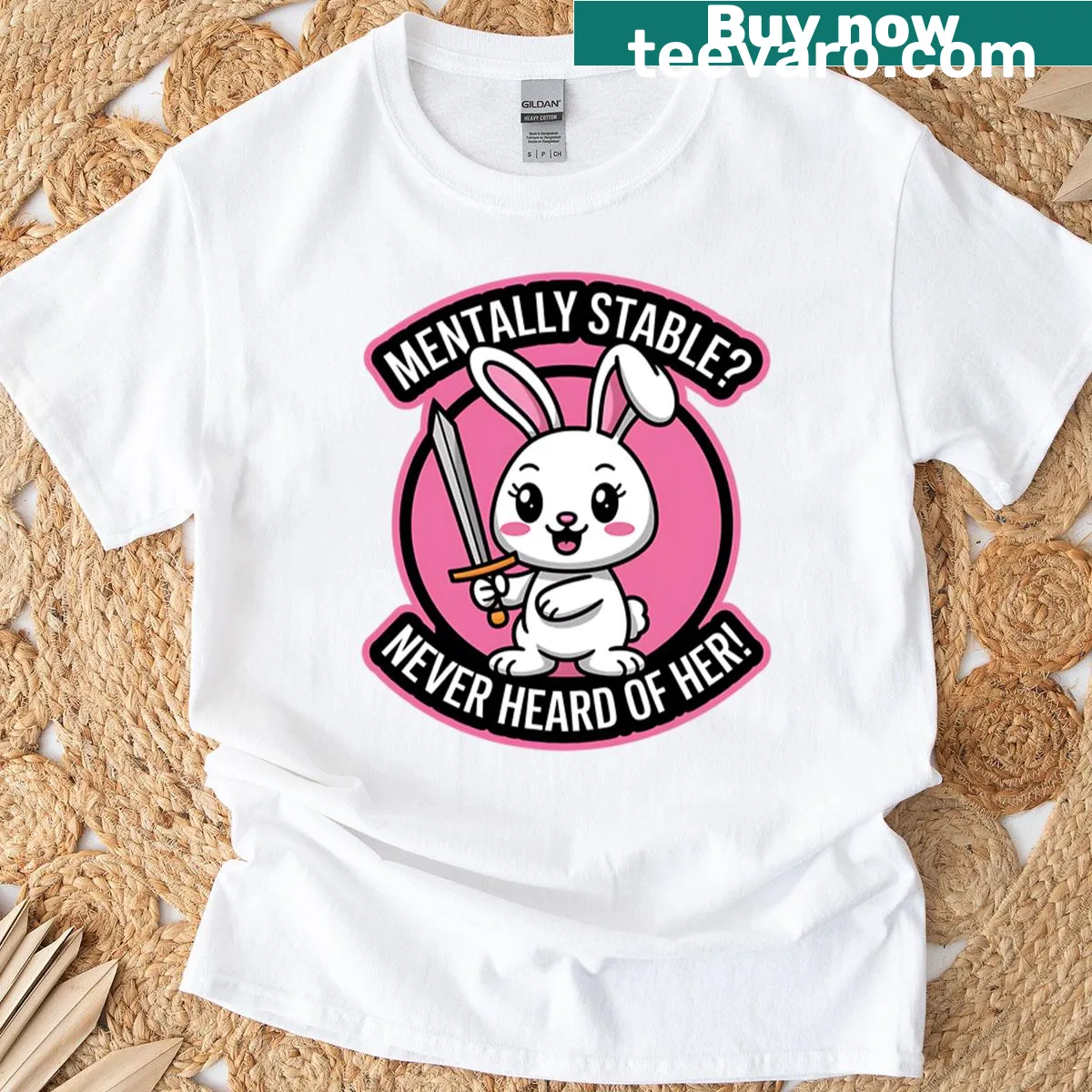 Cute angry bunny meme T-shirt with humorous text about mental health — on a men's t-shirt
