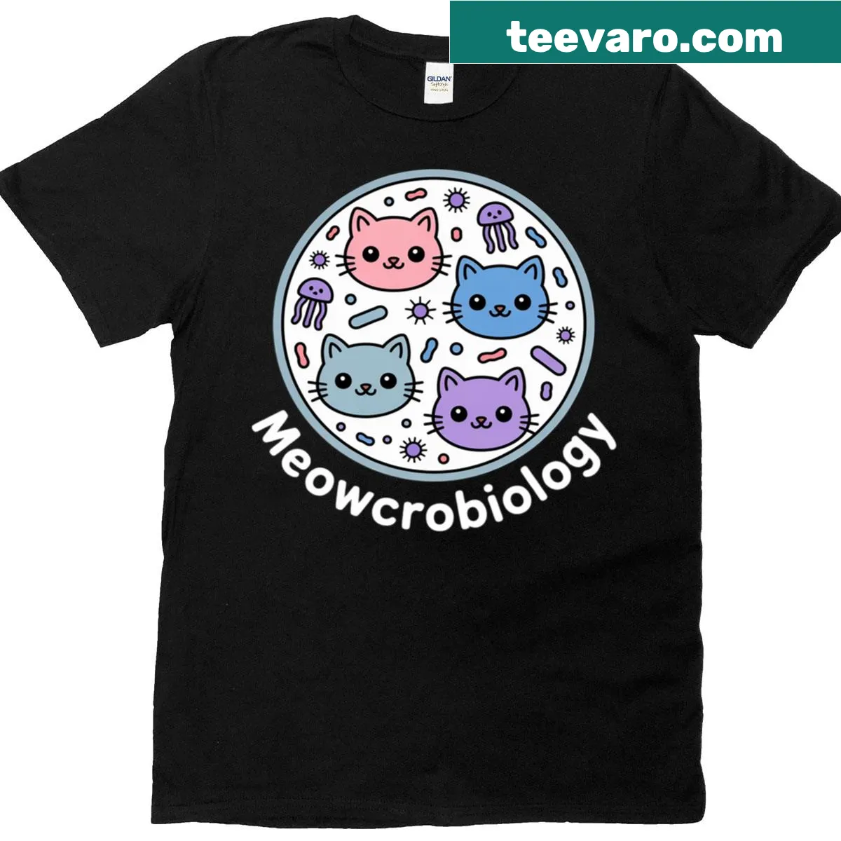 T-shirt featuring microscopic cats illustration for science lovers — on a men's t-shirt