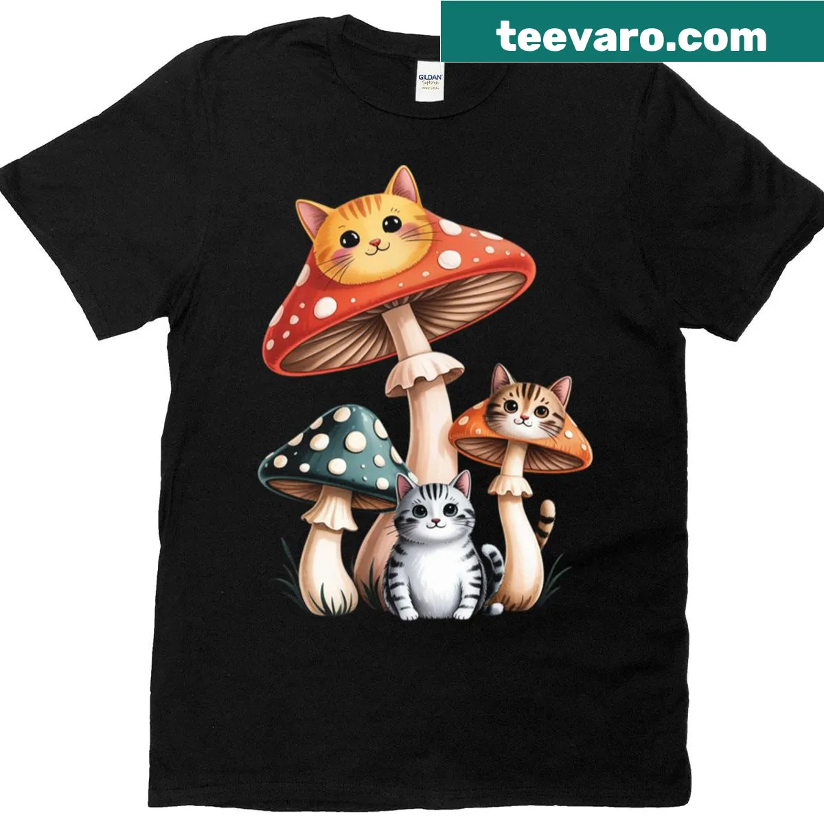 Cute t-shirt featuring cats and mushrooms in a fun design — on a men's t-shirt
