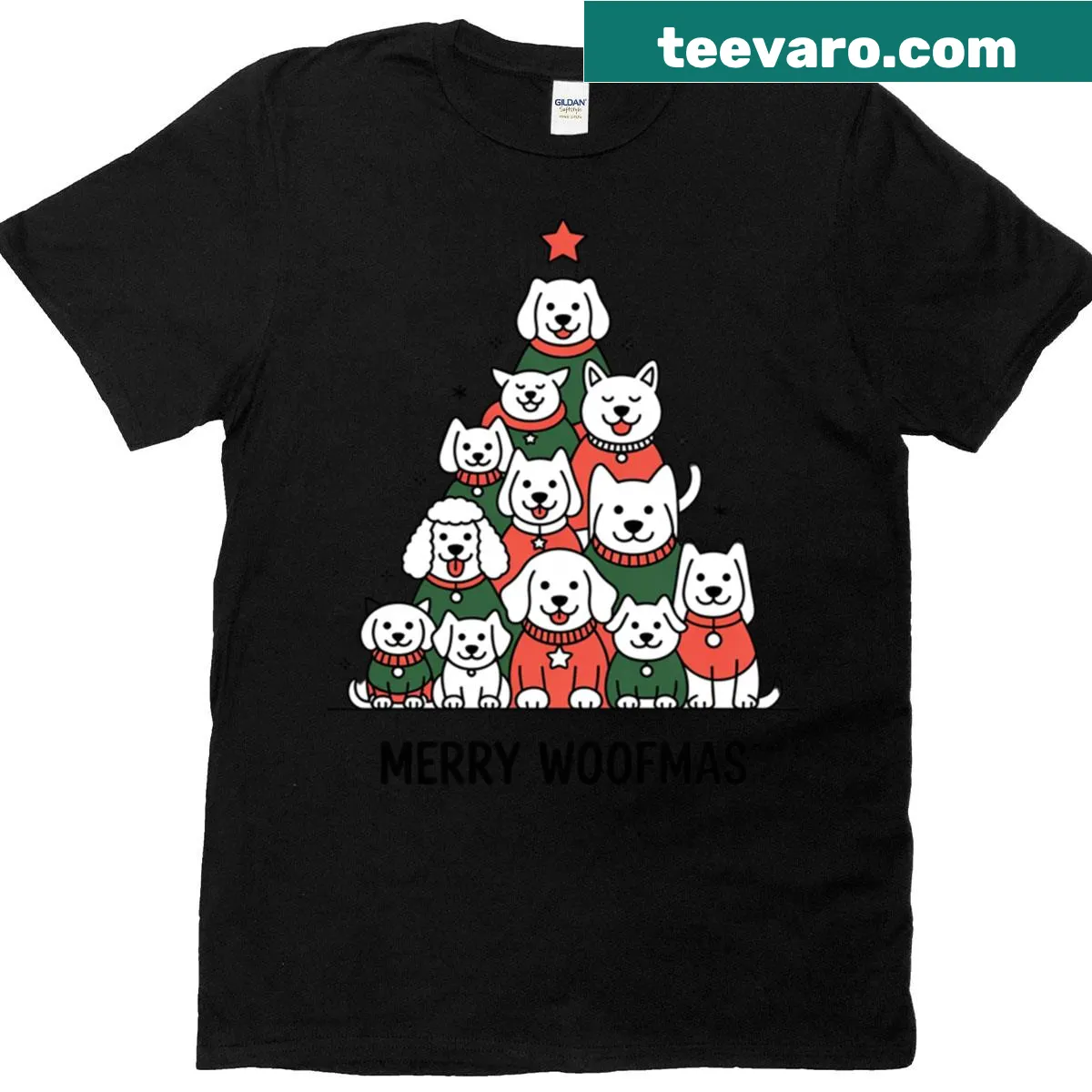 Merry Woofmas T-shirt with dogs and Christmas tree illustration — on a men's t-shirt